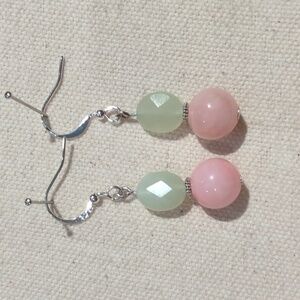 Handmade Pink and Green Jade Beaded Drop Earrings 925 Plated Posts